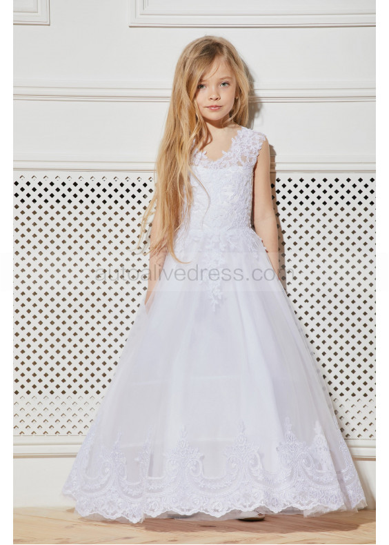 White Lace Tulle V Corset Back Long Flower Girl Dress